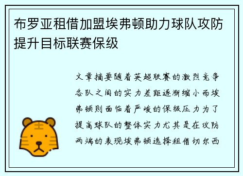 布罗亚租借加盟埃弗顿助力球队攻防提升目标联赛保级 布罗亚租借加盟埃弗顿助力球队攻防提升目标联赛保级