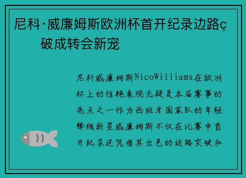 尼科·威廉姆斯欧洲杯首开纪录边路爆破成转会新宠 尼科·威廉姆斯欧洲杯首开纪录边路爆破成转会新宠